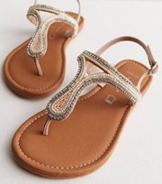 New Look Wide Fit Cream Leather Diamante Beaded Sandals